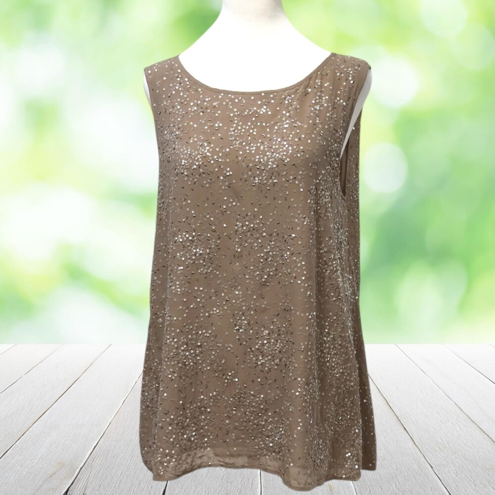EILEEN FISHER Silk Tank Top Beaded Mini Sequin Reversible Silk Lined Taupe Sz S